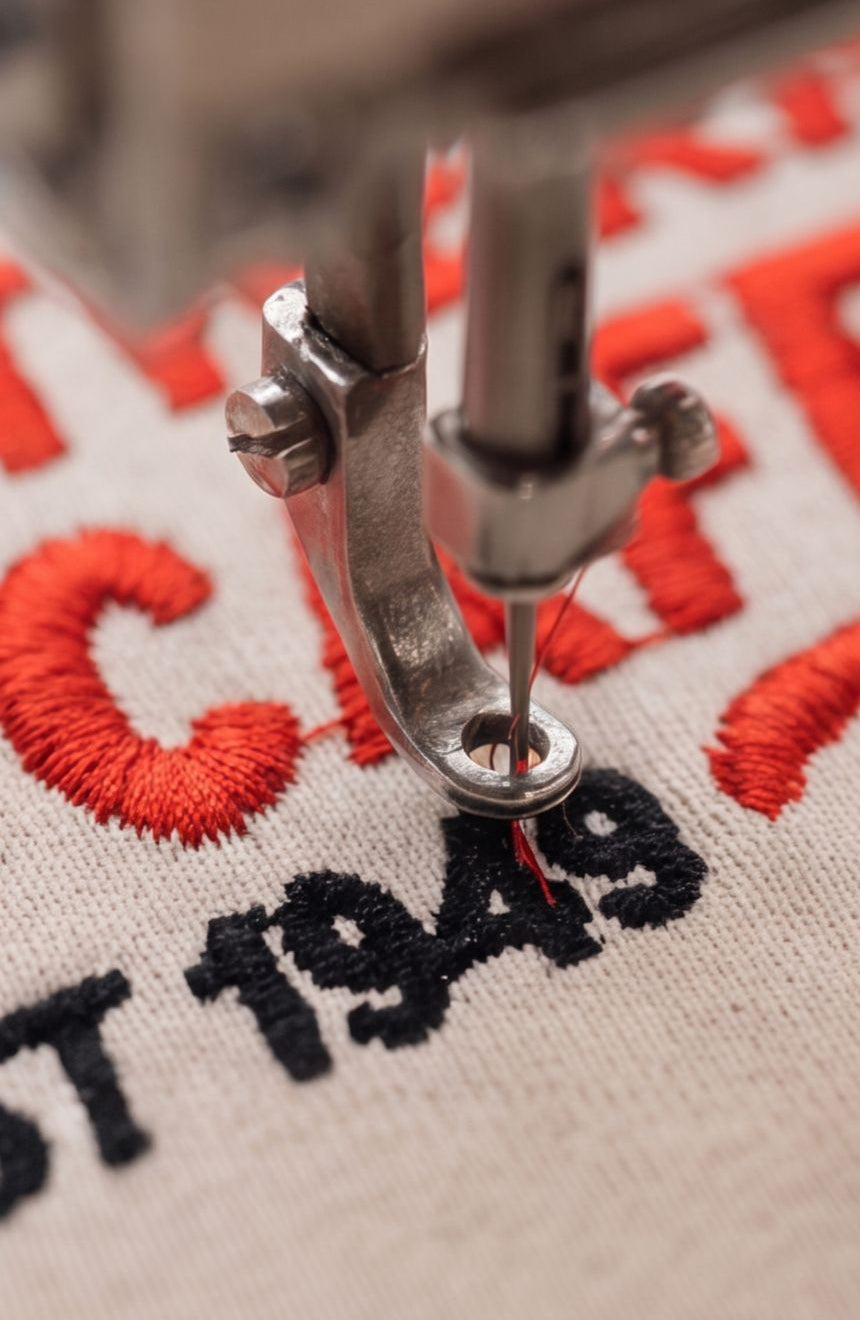 Close-up of a sewing machine needle stitching black and red embroidered text onto a light beige fabric surface.