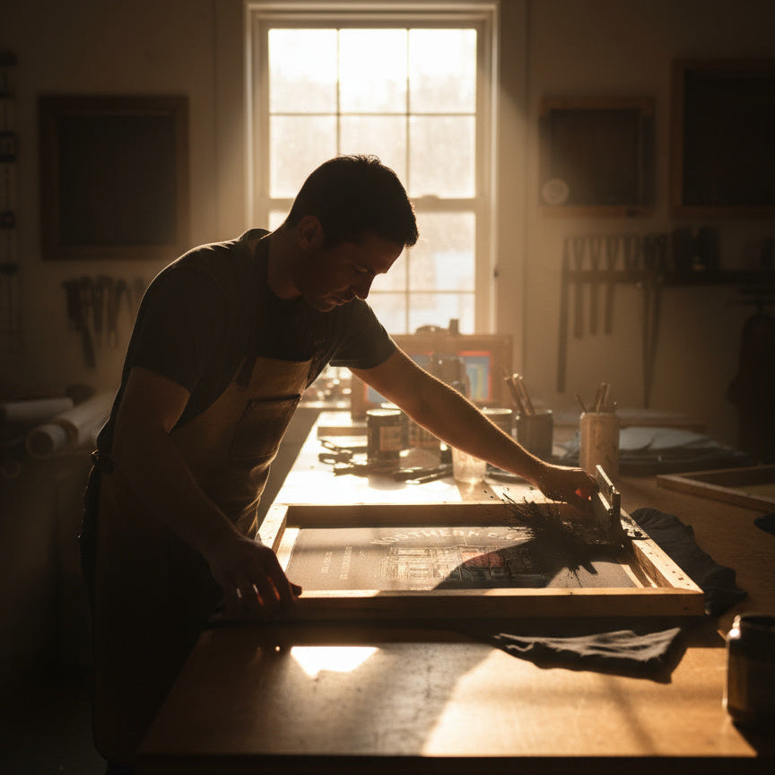 Person working at a table with a window in the background